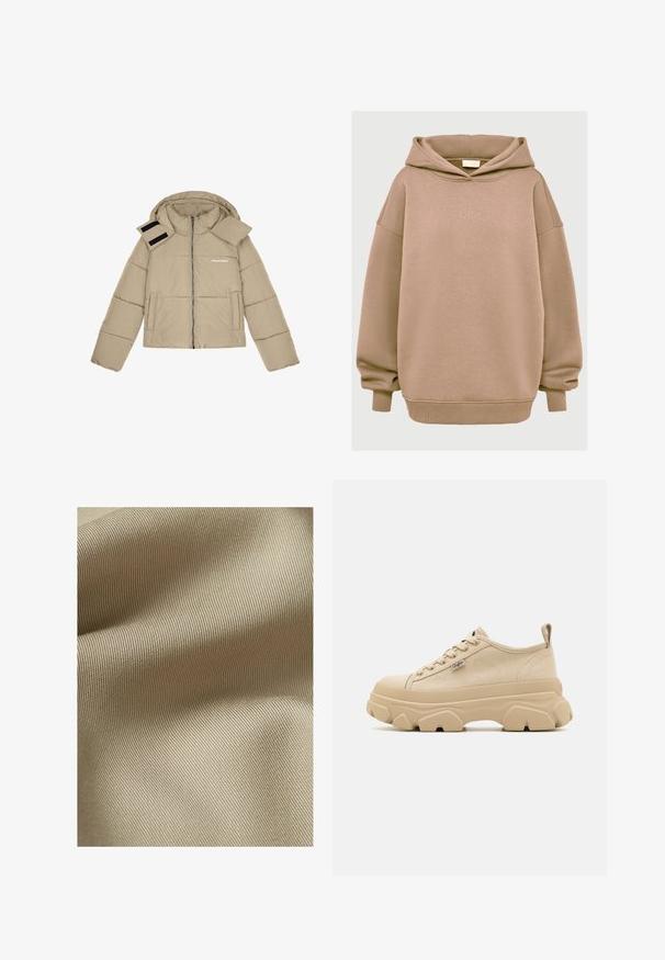 Beige Steppjacke mit Kapuze, Reißverschluss vorne, zwei seitlichen Taschen und Klettverschluss- Akzenten an der Schulter. Textlogo auf der Brust.; Beige übergroßer Hoodie aus weichem Baumwollmix mit einer Kordelzugkapuze, gerippten Bündchen und gesticktem Logo auf der Vorderseite. Glatte Textur.; Beiger, strukturiertes Gewebe mit feinem, geripptem Muster. Das Material wirkt glatt mit einem subtilen Glanz und fällt sanft in Falten.; Beige Leinensneaker mit strukturiertem Obermaterial, dicken, klobigen Sohlen und Schnürdesign. Mit einer Zuglasche an der Ferse und einem kleinen Logodetail.