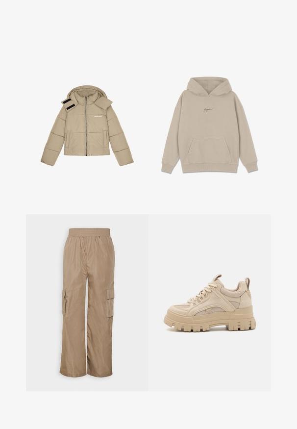 Beige pufferjack met een capuchon, ritssluiting aan de voorkant, twee zijzakken en klittenbandaccenten op de schouder. Tekstlogo op de borst.; Beige hoodie van zacht materiaal met een voorzak, ribgebreide manchetten en een capuchon met trekkoord. Minimalistisch logo in een donkere kleur.; Even&Odd by Zalando Cargobroek - beige; Beige chunky sneakers met een mix van mesh en suede materialen, voorzien van een dikke zool en opvallende profiel, vetersluiting en merkdetails.
