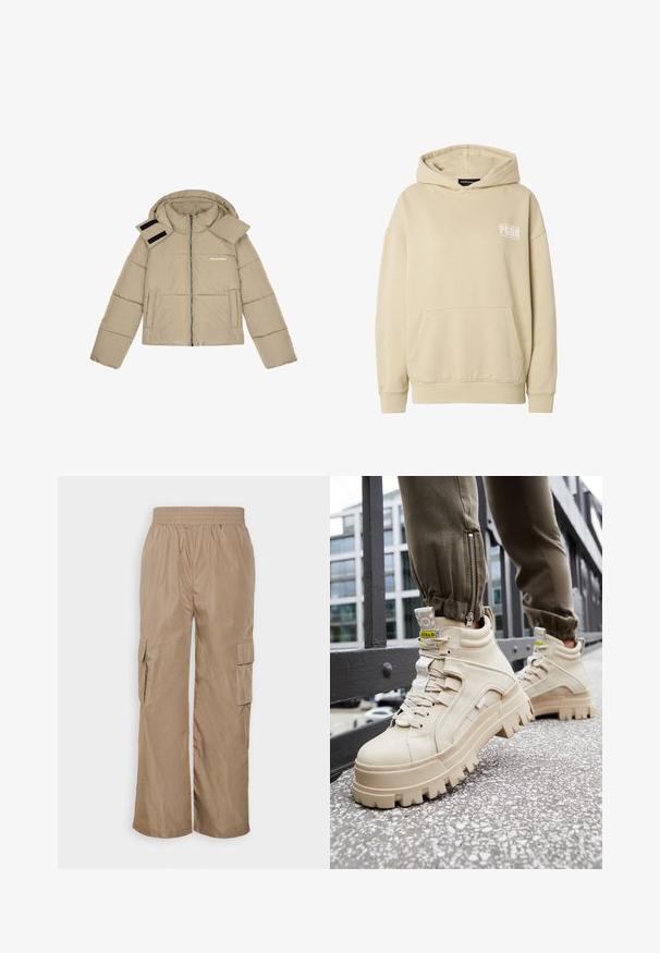 Beige Steppjacke mit Kapuze, Reißverschluss vorne, zwei seitlichen Taschen und Klettverschluss- Akzenten an der Schulter. Textlogo auf der Brust.; Beige Kapuzensweatshirt mit Kängurutasche vorne und weißem "PGDR"-Logo auf der linken Brust, ausgestattet mit gerippten Bündchen und Saum.; Even&Odd by Zalando Cargohose - beige; Beige High-Top-Sneaker mit einer klobigen, texturierten Sohle, Schnürdesign und gelben Akzent-Tags. Obermaterial aus strukturiertem Leder mit kontrastierenden Nähten.