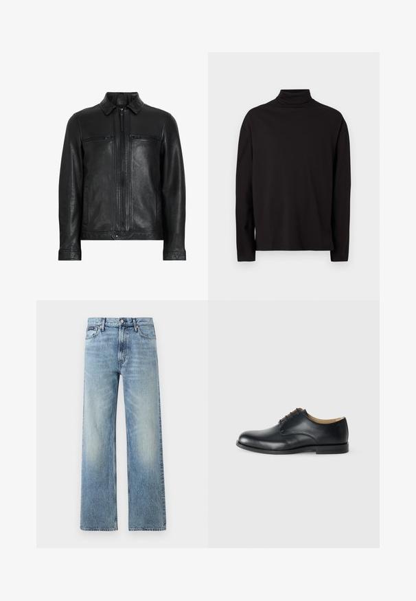 Chaqueta de cuero negro con cuello, dos bolsillos en el pecho con cremallera, bolsillos laterales y un acabado suave y texturizado. Presenta un cierre frontal con cremallera.; Suéter de cuello vuelto negro de manga larga, elaborado con una tela suave y lisa, que tiene un corte holgado y carece de patrones o acentos visibles.; Vaqueros de mezclilla azul claro de corte recto con cintura alta, cinco bolsillos, cierre de botón y sutil desgaste en los muslos y las rodillas.; Calvin Klein ESS DERBY - Zapatos de vestir - triple black