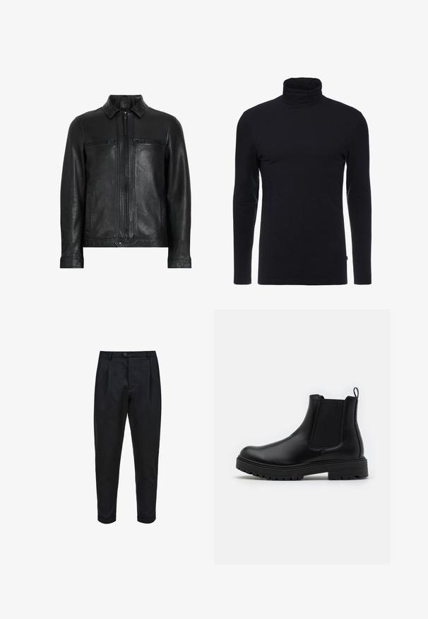 Veste en cuir noir avec un col, deux poches poitrine zippées, des poches latérales et une finition lisse et texturée. Elle est dotée d'une fermeture éclair à l'avant.; T-shirt noir à manches longues et col roulé en tissu doux et extensible. Présente un design ajusté et une texture lisse. Aucun motif ni accent visible.; Pantalons noirs en tissu lisse, avec un devant plissé, une coupe fuselée et des ourlets roulés. Fermeture par bouton simple à la taille.; Zign LEATHER - Bottines - black