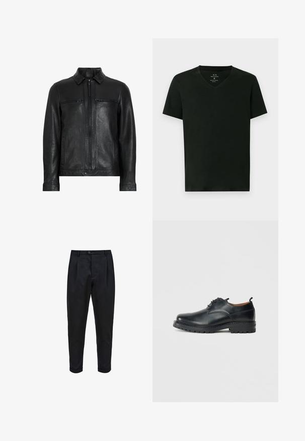 Chaqueta de cuero negro con cuello, dos bolsillos en el pecho con cremallera, bolsillos laterales y un acabado suave y texturizado. Presenta un cierre frontal con cremallera.; Camiseta de algodón negra para hombre de Armani Exchange, con mangas cortas y cuello en V, tamaño mediano, exhibida plana sobre un fondo blanco.; Pantalones negros de tejido suave, con un frente plisado, ajuste tapered y puños enrollados. Cierre de botón sencillo en la cintura.; Zapatos derby de cuero negro con una textura suave, punta redondeada, diseño de cordones y una suela de goma gruesa y resistente.