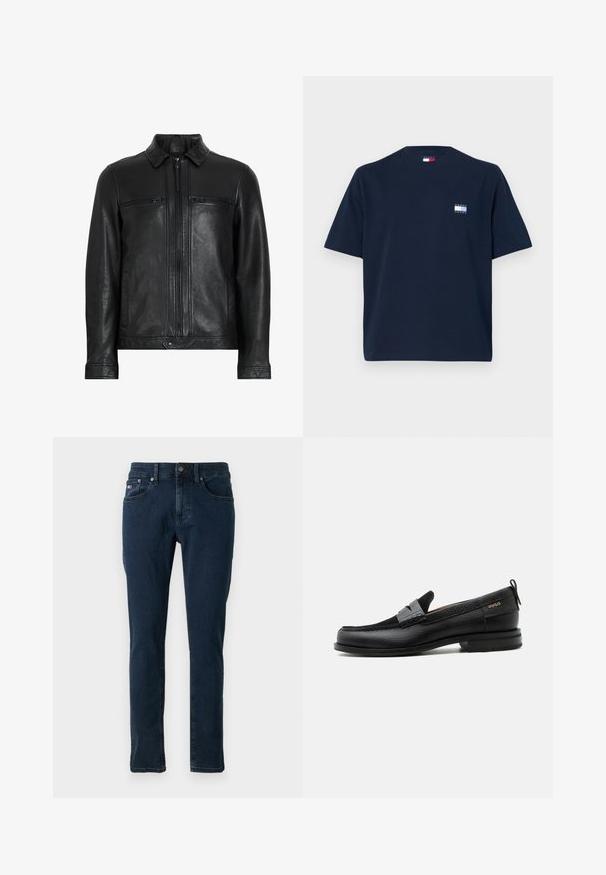 Veste en cuir noir avec un col, deux poches poitrine zippées, des poches latérales et une finition lisse et texturée. Elle est dotée d'une fermeture éclair à l'avant.; T-shirt en coton bleu marine avec des manches courtes, col rond et un petit logo sur la poitrine gauche comportant le texte "TOMMY JEANS."; Jeans en denim bleu foncé avec une coupe droite, dotés d'une taille classique, de cinq poches et de légers accents de couture sur les poches.; Mocassin en cuir noir avec détail de bride grise, talon bas et semelle texturée, marqué "HUGO" en or sur le côté.