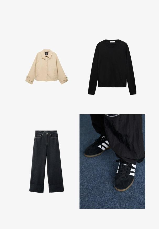 Beige verkürzte Jacke mit rundem Kragen, zwei Fronttaschen und geknöpften Manschetten. Hergestellt aus einem glatten, leichten Stoff.; Schwarzer Langarmpullover aus weichem Material mit Rundhalsausschnitt und gerippten Bündchen, der ein einfaches und gerades Schnittdesign aufweist.; Weit geschnittene Jeans aus dunklem Denim mit umgeschlagenem Saum, vorderen Taschen und kontrastierenden Nähten. Hergestellt aus robustem Denim-Stoff für hohe Haltbarkeit.; Schwarze Wildleder-Sportschuhe mit drei weißen Streifen und schwarzen Schnürsenkeln. Eine strukturierte schwarze Hose ist teilweise neben den Schuhen sichtbar.