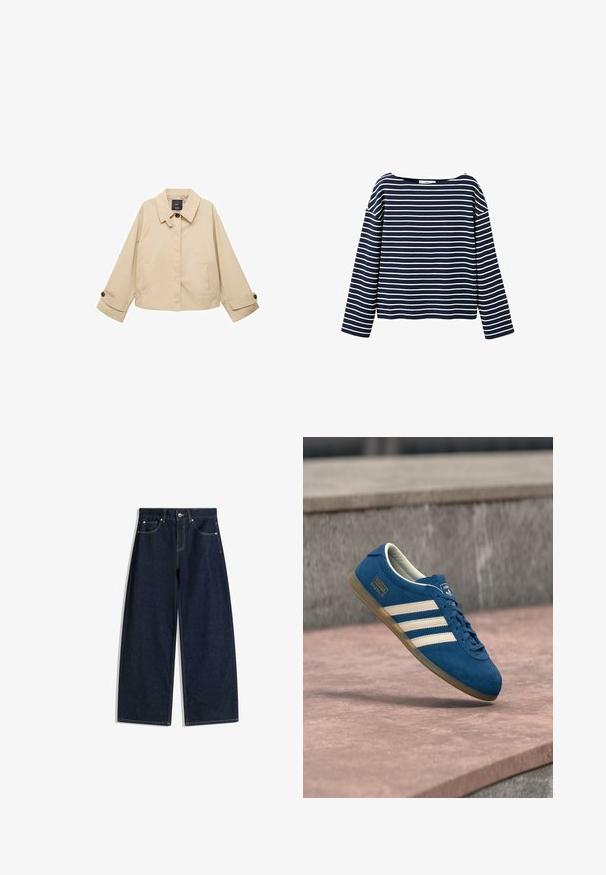 Beige verkürzte Jacke mit rundem Kragen, zwei Fronttaschen und geknöpften Manschetten. Hergestellt aus einem glatten, leichten Stoff.; Marineblaues Langarmshirt mit weißen horizontalen Streifen und einem breiten runden Ausschnitt, dargestellt vor weißem Hintergrund.; Dunkelblaue Denim-Jeans mit weitem Bein, Fronttaschen, Knopfverschluss und sichtbaren Nähten vor weißem Hintergrund.; Blaue Wildledersneaker mit cremefarbenen Streifen und Schnürsenkeln, Gummisohle in Karamellfarbe, strukturierte Oberfläche, abgerundete Zehenpartie und Markenlogo an der Seite.