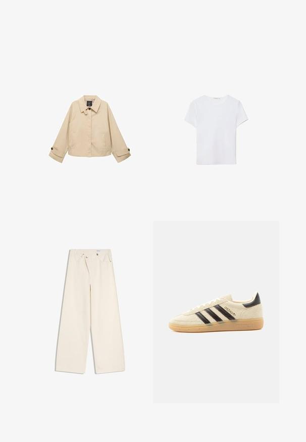 Beige verkürzte Jacke mit rundem Kragen, zwei Fronttaschen und geknöpften Manschetten. Hergestellt aus einem glatten, leichten Stoff.; Weißes kurzärmliges T-Shirt aus weichem Stoff. Hat einen runden Halsausschnitt und ein einfaches, sauberes Design mit geradem Saum.; Off-White weite Hosen mit Vordertaschen, Gürtelschlaufen und silbernen Knöpfen an Bund und Taschenrändern.; Cremefarbener Wildleder-Sneaker mit schwarzen Streifen, Gummisohle, schwarzem Fersenlasche und goldenem „SPEZIAL“-Schriftzug an der Seite.