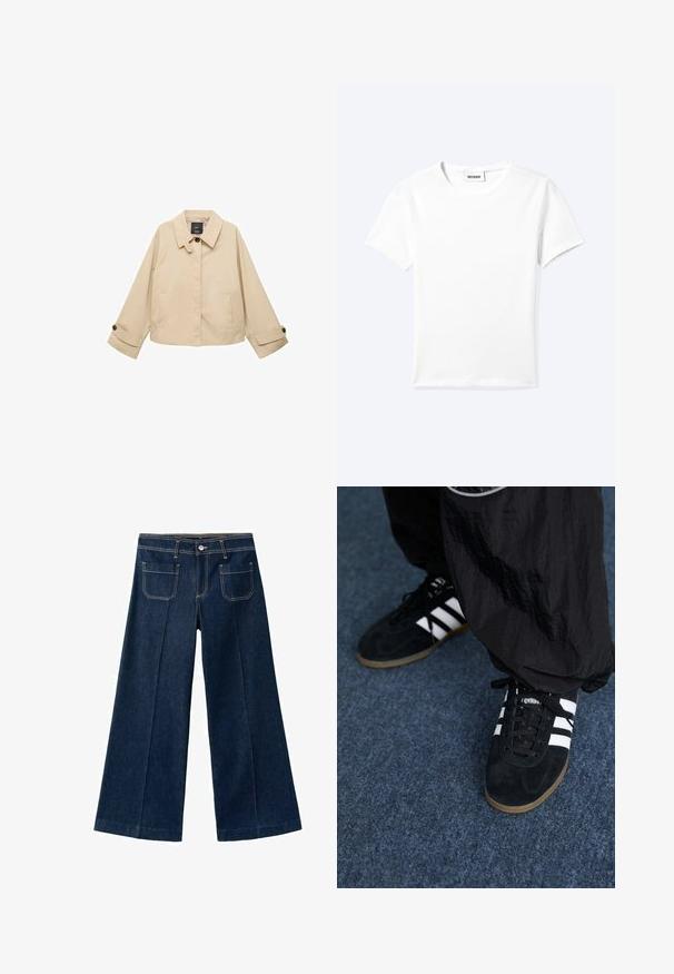 Beige verkürzte Jacke mit rundem Kragen, zwei Fronttaschen und geknöpften Manschetten. Hergestellt aus einem glatten, leichten Stoff.; Einfaches weißes T-Shirt mit kurzen Ärmeln und Rundhalsausschnitt sowie kleinem "WEEKDAY"-Etikett im Nacken, flach auf einem hellen Hintergrund präsentiert.; Weit geschnittene dunkelblaue Denim-Hose mit hoher Taille, zwei Gesäßtaschen, sichtbaren Nähten und einem vorderen Knopfverschluss.; Schwarze Wildleder-Sportschuhe mit drei weißen Streifen und schwarzen Schnürsenkeln. Eine strukturierte schwarze Hose ist teilweise neben den Schuhen sichtbar.