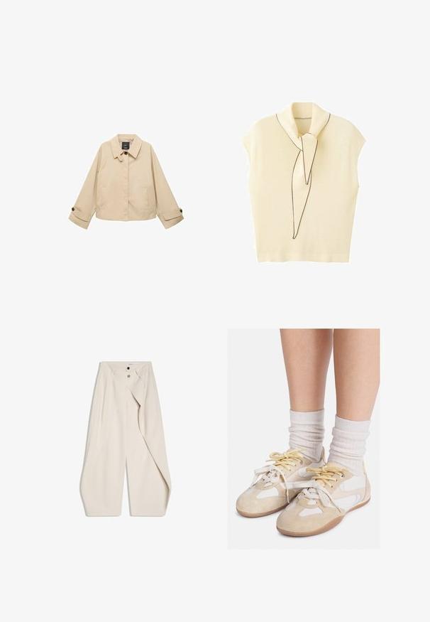 Beige verkürzte Jacke mit rundem Kragen, zwei Fronttaschen und geknöpften Manschetten. Hergestellt aus einem glatten, leichten Stoff.; Strickärmelloses Oberteil in blassem Gelb mit einem weichen Schal zum Binden. Verfügt über eine dezente schwarze Umrandung, einen entspannten Schnitt und eine glatte Textur.; Beige Weitbein-Hosen mit Doppelknopfverschluss und plissiertem Vorderteil. Glatter Stoff mit klaren Linien und ohne sichtbare Muster.; Beige- und weiße Turnschuhe aus Wildleder und glattem Leder, mit runder Zehenpartie und gelben Schnürsenkeln, kombiniert mit weißen gerippten Socken.