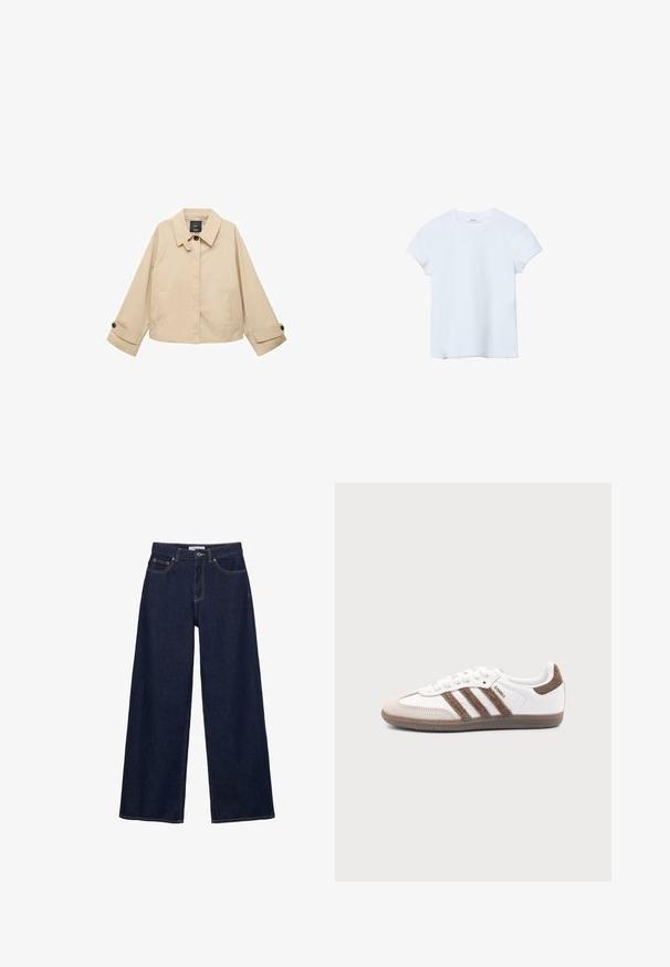 Beige verkürzte Jacke mit rundem Kragen, zwei Fronttaschen und geknöpften Manschetten. Hergestellt aus einem glatten, leichten Stoff.; Schlichtes hellblaues T-Shirt mit kurzen Ärmeln und rundem Ausschnitt, flach auf weißem Hintergrund liegend.; Dunkelblaue Jeans mit weitem Bein, vorn mit Knopf und Reißverschluss, Gürtelschlaufen und fünf Taschen.; Weißer Adidas Samba Sneaker mit braunen Wildlederstreifen, brauner Gummisohle und beiger Wildlederkappe, von der Außenseite auf schlichtem Hintergrund gezeigt.