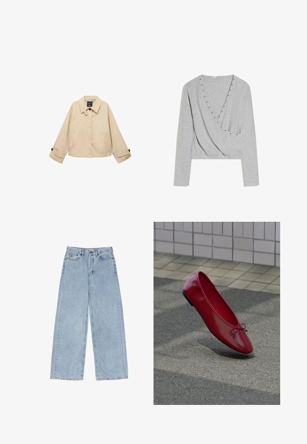 Beige verkürzte Jacke mit rundem Kragen, zwei Fronttaschen und geknöpften Manschetten. Hergestellt aus einem glatten, leichten Stoff.; Hellgraues langärmeliges Wickeloberteil mit V-Ausschnitt, verziert mit kleinen runden Metallnieten entlang des Halsausschnitts und der Vorderkante.; Hellblaue Jeans mit weitem Bein aus Denim, ausgestattet mit hoher Taille, Fünf-Taschen-Design und sichtbaren Nähten entlang der Beine und am Saum.; Roter Ballettflachschuh aus Leder mit einer kleinen Schleife auf strukturiertem Pflaster nahe einer gefliesten Wand, der darunter einen Schatten wirft.