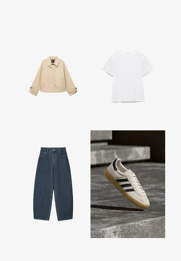 Beige verkürzte Jacke mit rundem Kragen, zwei Fronttaschen und geknöpften Manschetten. Hergestellt aus einem glatten, leichten Stoff.; Unifarbenes weißes T-Shirt mit kurzen Ärmeln und Rundhalsausschnitt, gerader Saum, dargestellt auf weißem Hintergrund.; Dunkelblaue Denim-Hosenträger mit weitem Bein und hoher Taille, ausgestattet mit fünf Taschen und sichtbaren Nähdetails. Sauberes, minimalistisches Design.; Weißer Adidas Spezial Sneaker mit schwarzen Streifen und Kautschuksohle, der über grauen Steinstufen im Freien schwebt.