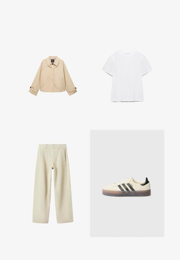 Beige verkürzte Jacke mit rundem Kragen, zwei Fronttaschen und geknöpften Manschetten. Hergestellt aus einem glatten, leichten Stoff.; Unifarbenes weißes T-Shirt mit kurzen Ärmeln und Rundhalsausschnitt, gerader Saum, dargestellt auf weißem Hintergrund.; Beige Hosen mit weitem Bein, Seitentaschen, Gürtelschlaufen und sichtbaren Nähten, flach auf weißem Hintergrund dargestellt.; Beiger Sneaker mit drei schwarzen Streifen, rund zulaufender Spitze, strukturierter Gummisohle und glattem Obermaterial. Verfügt über eine gepolsterte Ferse und dezentes Branding.