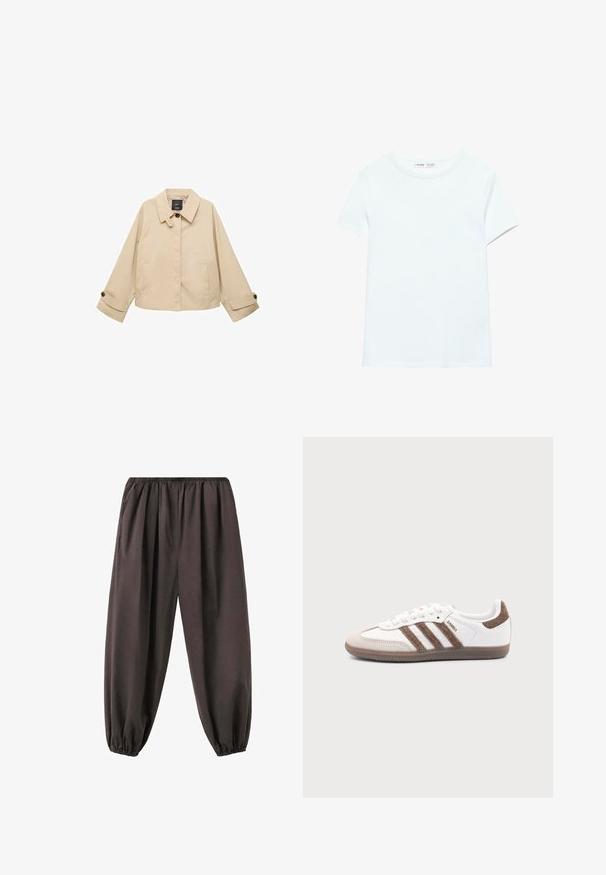 Beige verkürzte Jacke mit rundem Kragen, zwei Fronttaschen und geknöpften Manschetten. Hergestellt aus einem glatten, leichten Stoff.; Schlichtes weißes Baumwoll-T-Shirt mit kurzen Ärmeln und Rundhalsausschnitt, flach auf weißem Hintergrund dargestellt, ohne sichtbare Muster oder Logos.; Lockere dunkelbraune Hose mit elastischem Bund und Bündchen, aus weichem Stoff gefertigt, für Komfort und legere Kleidung entworfen.; Weißer Adidas Samba Sneaker mit braunen Wildlederstreifen, brauner Gummisohle und beiger Wildlederkappe, von der Außenseite auf schlichtem Hintergrund gezeigt.