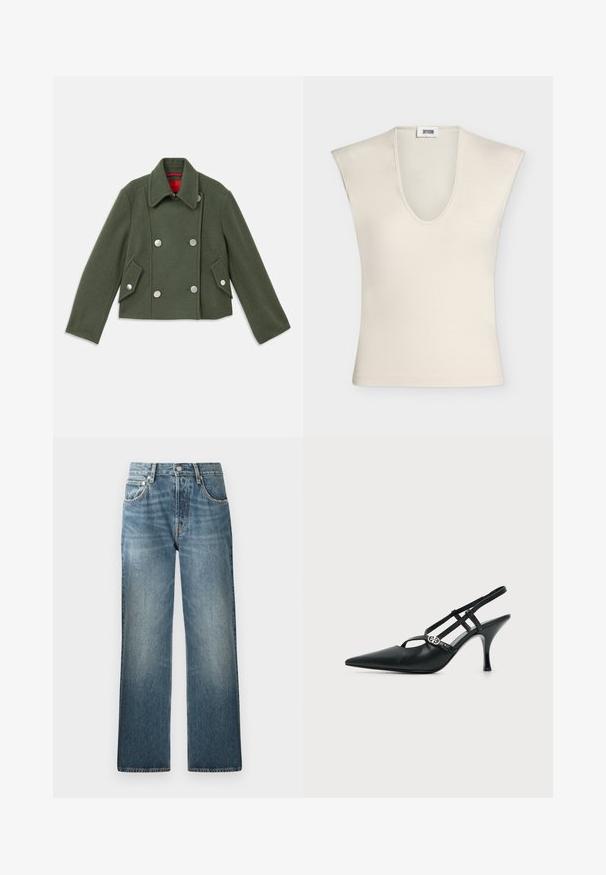 Chaqueta cruzada de mezcla de lana verde oscuro con botones redondos plateados, solapa con muesca y dos bolsillos frontales en ángulo. Detalle de forro rojo.; Camiseta sin mangas beige con escote en V pronunciado y hombros estructurados, hecha de tela lisa, mostrada sobre un fondo sencillo.; Pantalones vaqueros de mezclilla azul con diseño de pierna recta, que cuentan con una cinturilla alta, cinco bolsillos y un acabado ligeramente descolorido y texturizado.; Tacón slingback de cuero negro con punta puntiaguda, tiras finas y una pequeña hebilla decorativa plateada en el lateral.