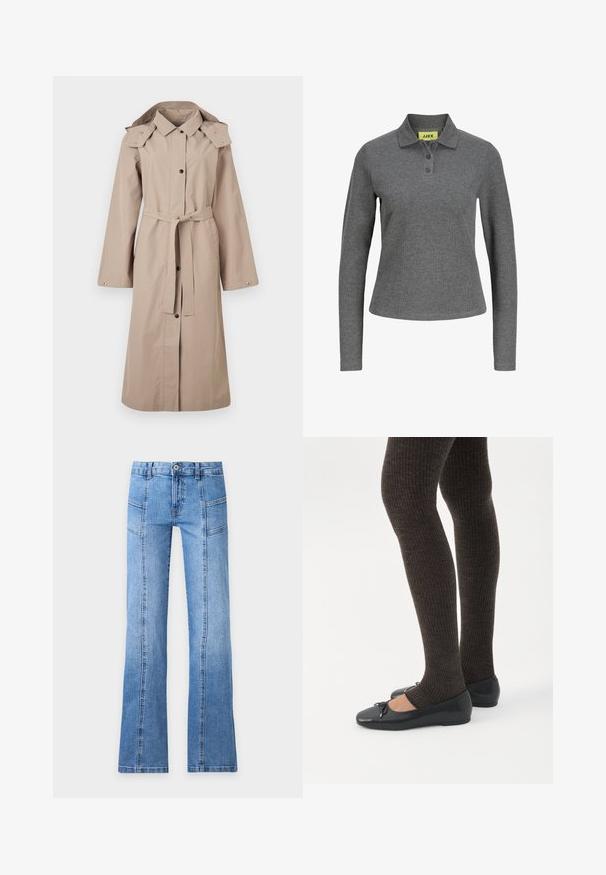 Trench-coat beige avec ceinture à la taille, fermeture par boutons, manches larges et capuche. Tissu lisse avec peu de détails et sans motifs.; Polo manches longues gris foncé avec trois boutons et tissu côtelé, avec une étiquette jaune JJXX à l'intérieur du col.; Jean en denim bleu clair avec taille haute, bouton devant, fermeture éclair, détails de coutures et jambes légèrement évasées sur un fond uni.; Jambes portant des leggings côtelés foncés associés à des ballerines noires avec de petits détails en nœud sur fond blanc.
