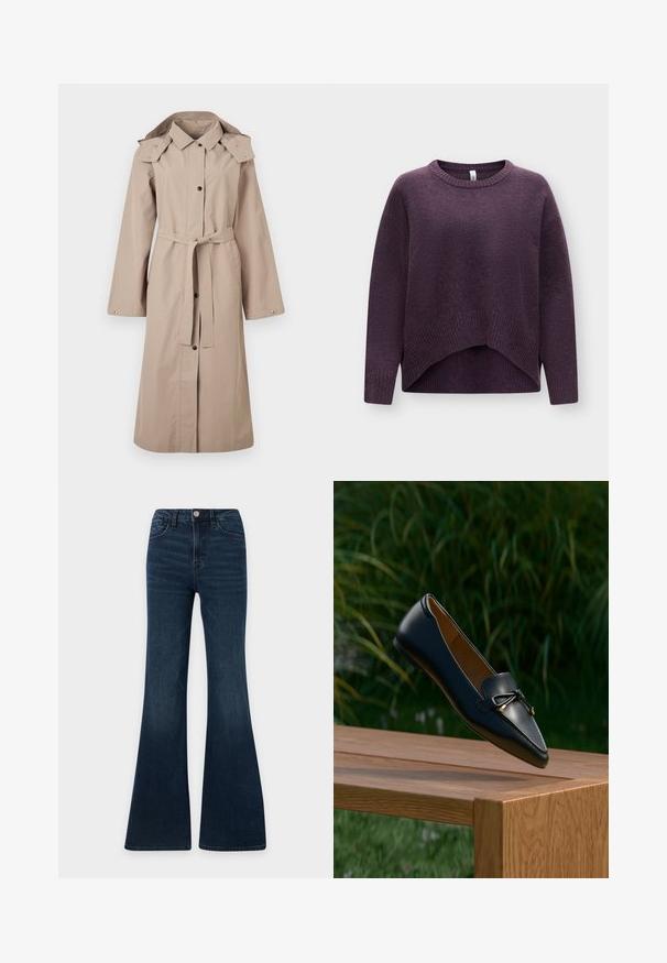 Trench-coat beige avec ceinture à la taille, fermeture par boutons, manches larges et capuche. Tissu lisse avec peu de détails et sans motifs.; Pull en maille à manches longues violet foncé avec un col rond côtelé et un ourlet asymétrique, présenté sur fond blanc.; Jean en denim bleu foncé taille haute avec coupe évasée, fermeture devant par bouton et zip, poches devant et derrière.; Mocassin en cuir noir avec un détail en nœud flottant au-dessus d'un banc en bois, avec de l'herbe verte et des plantes en arrière-plan.