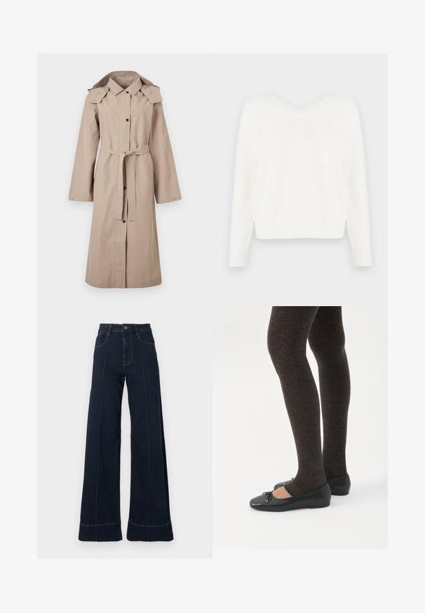 Trench-coat beige avec ceinture à la taille, fermeture par boutons, manches larges et capuche. Tissu lisse avec peu de détails et sans motifs.; Pull en tricot blanc avec un décolleté en V et des bordures en dentelle. Il dispose de manches longues, de poignets côtelés et d'un ourlet légèrement court. Tissu doux et texturé.; Jean large bleu foncé à taille haute, avec des poches avant et des coutures visibles. Fabriqué en denim avec une texture lisse.; Jambes portant des leggings côtelés foncés associés à des ballerines noires avec de petits détails en nœud sur fond blanc.