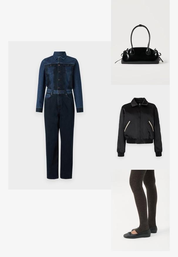 Sort satin bomberjakke med ribbet kant, der har to sidelommer med kontrasterende hvide lynlåse og et klassisk kravedesign.; Denim jumpsuit med en mørkeblå farve, lange ærmer, knaplukning foran, krave og bælte i taljen med to brystlommer.; Ben iført mørke ribbede leggings kombineret med sorte balletsko med små sløjfedetaljer på hvid baggrund.; Lille sort blank håndtaske med to lange håndtag og snøre-detaljer i siden på en ensfarvet lys baggrund.