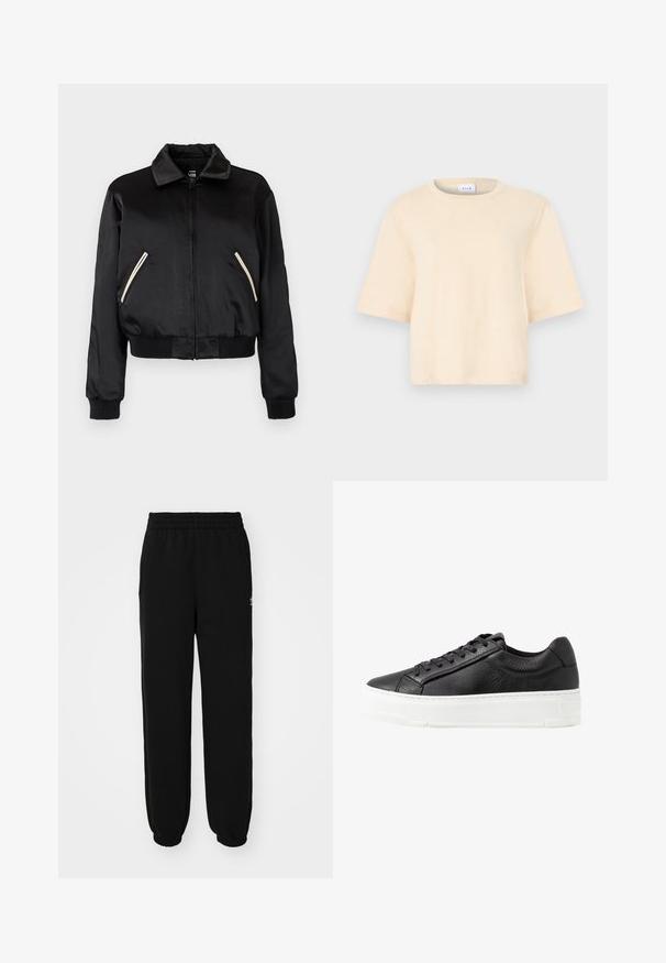 Sort satin bomberjakke med ribbet kant, der har to sidelommer med kontrasterende hvide lynlåse og et klassisk kravedesign.; Beige bomuld t-shirt med korte ærmer, rund halsudskæring og en afslappet pasform. Glat tekstur uden mønstre eller ekstra detaljer.; Sorte sweatpants med en elastisk talje, sidelommer og elastiske manchetter ved anklerne. Fremstillet af blødt stof med et enkelt design.; Sort læder sneakers med struktureret overflade, hvid gummisål, rund tå og snøre-design. Har syede detaljer og glat tunge.