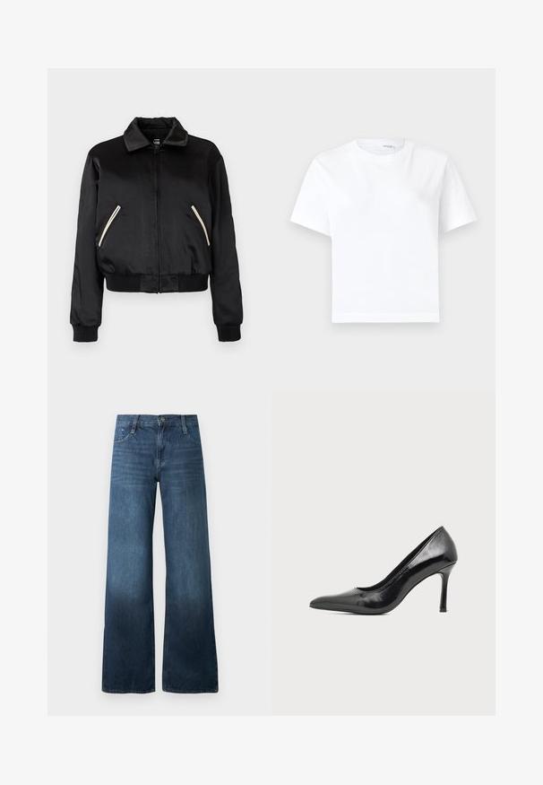 Chaqueta bomber de satén negra con dobladillo acanalado, que presenta dos bolsillos laterales con cremalleras blancas en contraste y un diseño de cuello clásico.; Camiseta blanca lisa de algodón de manga corta con cuello redondo y dobladillo recto, mostrada sobre un fondo blanco.; Jeans de pernera ancha en azul oscuro, fabricados en denim, con una cintura alta, diseño de cinco bolsillos y un sutil desvanecimiento en el dobladillo. Cierre estándar con botón.; Zapato de tacón alto de mujer en piel negra patentada, con punta puntiaguda y tacón delgado, sobre un fondo claro y liso.