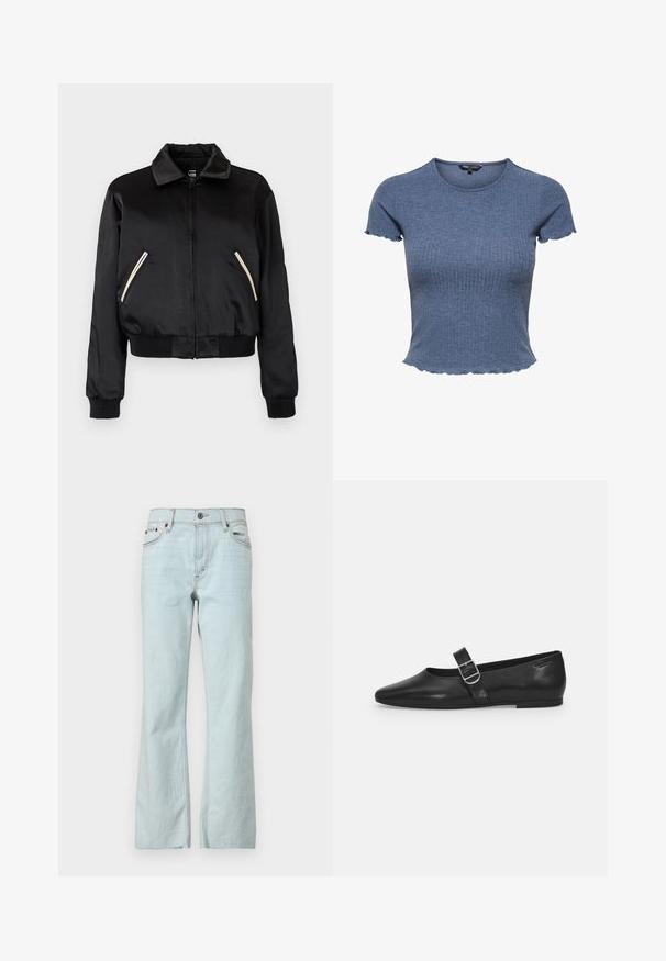 Chaqueta bomber de satén negra con dobladillo acanalado, que presenta dos bolsillos laterales con cremalleras blancas en contraste y un diseño de cuello clásico.; Top corto azul de punto acanalado de manga corta con bordes festoneados en las mangas y el dobladillo, cuello redondo y silueta ajustada.; Jeans de mezclilla azul claro con corte acampanado, cierre de botón, diseño de cinco bolsillos y un desvanecimiento sutil en la tela. Acentos de costura limpios y minimalistas.; Zapato plano de cuero negro con punta redondeada, una sola correa ajustable con hebilla y una textura suave y brillante. Diseño minimalista con un tacón bajo.