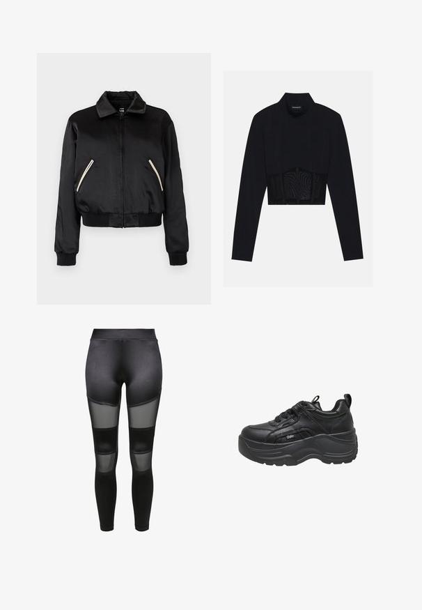 Sort satin bomberjakke med ribbet kant, der har to sidelommer med kontrasterende hvide lynlåse og et klassisk kravedesign.; Sort langærmet crop top med høj hals, en transparent meshpanel ved taljen og strukturerede sømme for et tætsiddende design.; Sorte leggings i en glat materiale med gennemsigtige mesh-paneler på lårene, hvilket giver en kontrast i tekstur og design.; Sort chunky platform sneaker med tyk sål, læderoverdel, snørebånd og velcrorem samt trækstrop på hælen.