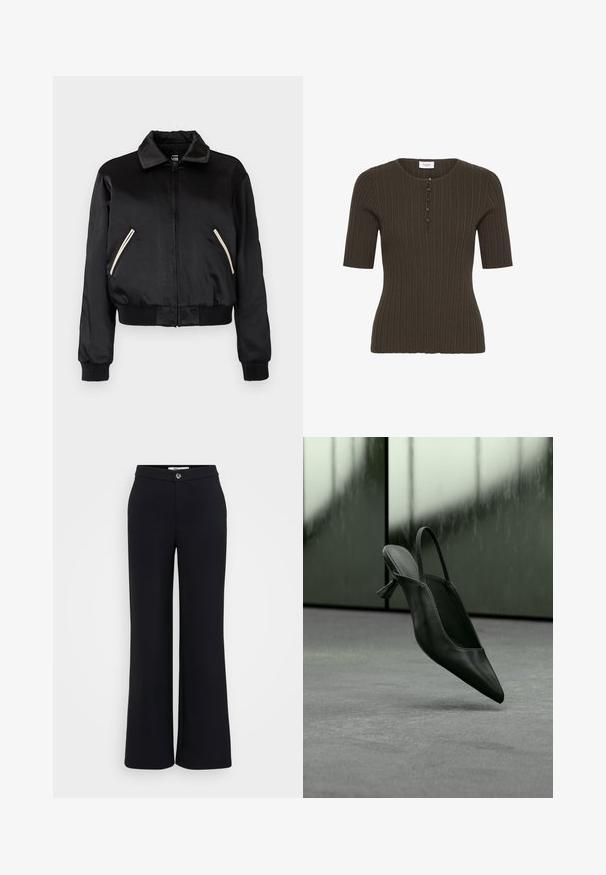 Sort satin bomberjakke med ribbet kant, der har to sidelommer med kontrasterende hvide lynlåse og et klassisk kravedesign.; Mørk olivengrøn ribbet kortærmet top med rund hals og fem små knapper ned langs den forreste halsudskæring.; Sorte vidde bukser lavet af glat stof, med frontlukning med knap, bæltestropper og diskrete sømme for et rent design.; Sort læder slingback højhælet sko med spids tå svævende over gråt tæppe, sløret grønlig væg i baggrunden.