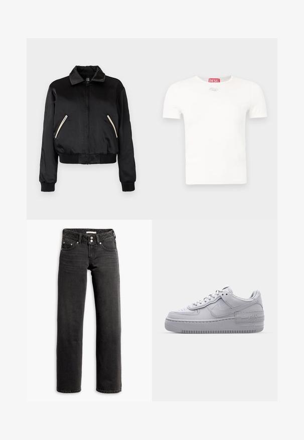 Sort satin bomberjakke med ribbet kant, der har to sidelommer med kontrasterende hvide lynlåse og et klassisk kravedesign.; Hvid bomuld T-shirt med korte ærmer, rund hals og et lille sølvlogo med "DIESEL" i rødt ved halsen.; Sorte straight-leg jeans med for- og baglommer, bæltestropper og dobbeltknaplukning i taljen.; Grå Nike Air Force 1 sneakers med perforeret tå, glat læderoverdel, tyk sål og præget 'AIR' detalje på hælen.