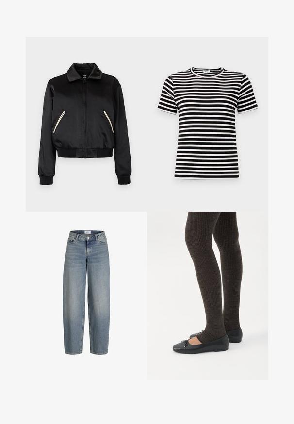 Sort satin bomberjakke med ribbet kant, der har to sidelommer med kontrasterende hvide lynlåse og et klassisk kravedesign.; Sort-hvid stribet kortærmet t-shirt med en ribbet tekstur og rund halsudskæring. Striberne er jævnt fordelt over stoffet.; Lyseblå, løstsiddende jeans med høj talje, lavet af denimstof. Har fem lommer og en traditionel lukning med knap og lynlås.; Ben iført mørke ribbede leggings kombineret med sorte balletsko med små sløjfedetaljer på hvid baggrund.