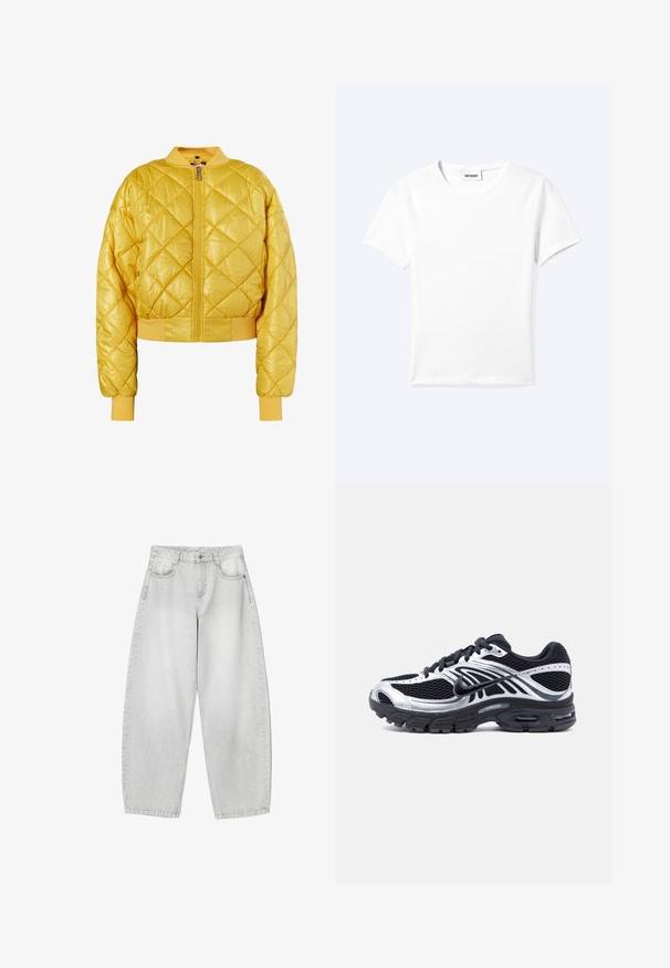 Veste bomber matelassée jaune avec fermeture à glissière à l'avant, col et poignets côtelés ; tissu brillant avec un design court et un motif en diamant.; T-shirt blanc uni à manches courtes et col rond avec une petite étiquette "WEEKDAY" à l'intérieur de l'encolure, présenté à plat sur un fond clair.; Jeans à large jambe de couleur gris clair en denim, avec des poches avant, une taille à bouton et une finition légèrement délavée.; Chaussure de course Nike noire et argentée avec tige en mesh, semelle à coussin d'air et lacets, vue de profil sur fond blanc.