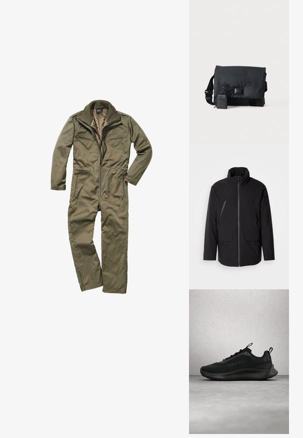 Veste noire avec un col haut, fermeture éclair sur toute la longueur, deux poches poitrine zippées et deux poches à rabat à l'avant ; texture lisse et coupe décontractée.; Combinaison olive en tissu résistant, avec un zip sur le devant, un col côtelé et plusieurs poches zippées à la poitrine et sur les côtés.; Baskets Calvin Klein noires à lacets, flottant au-dessus d'un sol gris poli près d'un mur en blocs de verre et d'un pilier blanc.; Sacoche noire avec un extérieur élégant et lisse, une bandoulière ajustable et une petite pochette détachable présentant un motif géométrique.