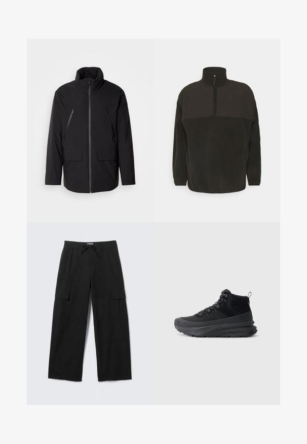 Chaqueta negra con cuello alto, cierre frontal completo, dos bolsillos en el pecho con cremallera y dos bolsillos frontales con solapa; textura suave y corte relajado.; Sudadera de forro polar negro con cuello alto, cierre de media cremallera y detalle de logo tonal en el pecho. Presenta un acabado texturizado.; Pantalones cargo negros de pierna ancha con bolsillos delanteros, bolsillos con solapa en el muslo, trabillas para cinturón y cintura con cordón, colocados planos sobre un fondo blanco.; Zapatilla alta negra hecha de tejido texturizado con suela de goma, que presenta cierre de cordones, cuello acolchado y tira en el talón.