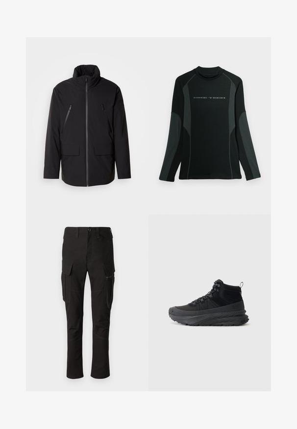 Veste noire avec un col haut, fermeture éclair sur toute la longueur, deux poches poitrine zippées et deux poches à rabat à l'avant ; texture lisse et coupe décontractée.; Chemise noire à manches longues avec col haut, fabriquée en tissu texturé. Présente des panneaux latéraux gris et le logo "NIKE TECH" sur la poitrine.; Pantalon cargo noir avec plusieurs poches, poche latérale zippée et couture renforcée, présentant un design à jambe droite et un tissu durable.; Sneaker montante noire en tissu texturé avec une semelle en caoutchouc, présentant un système de laçage, un col rembourré et une languette à l'arrière.