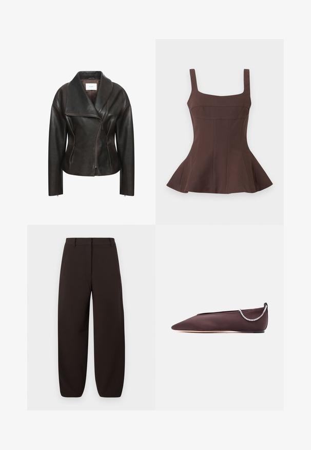 Veste en cuir marron avec un large col, fermeture éclair diagonale sur le devant et silhouette ajustée. Présente une texture lisse et des détails de couture minimalistes.; Haut péplum marron sans manches avec encolure carrée et corsage ajusté, présentant des détails de coutures verticales et un ourlet évasé.; Pantalons larges marron foncé en tissu lisse avec une taille plate, passants de ceinture et chevilles cintrées. Pas de motifs ni de éléments en métal visibles.; Chaussure plate marron foncé à bout pointu avec un petit talon et un détail chaîne en strass argentée à l'arrière.