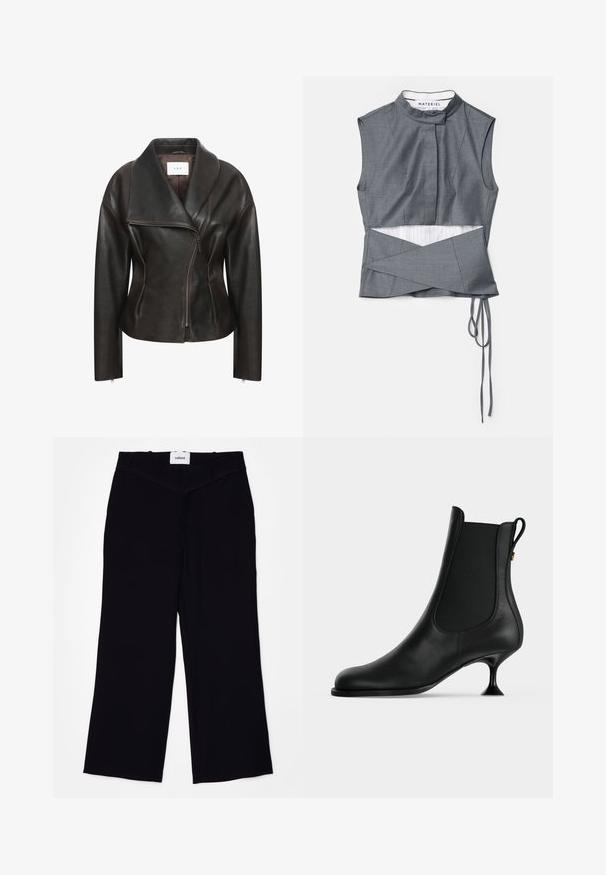 Chaqueta de cuero marrón con un amplio cuello, cremallera diagonal en la parte delantera y silueta entallada. Presenta una textura suave y mínimos detalles de costura.; Top gris sin mangas con un cuello alto, con un diseño envolvente y lazos laterales, hecho de una tela texturizada con un forro a rayas.; Pantalones de pierna ancha negros, confeccionados con una tela suave. Presentan una cinturilla plana con pasadores para cinturón y un acabado limpio en los dobladillos.; Botín de cuero negro con punta puntiaguda, paneles elásticos en los laterales y un tacón de tipo kitten delgado y acampanado sobre un fondo liso y claro.