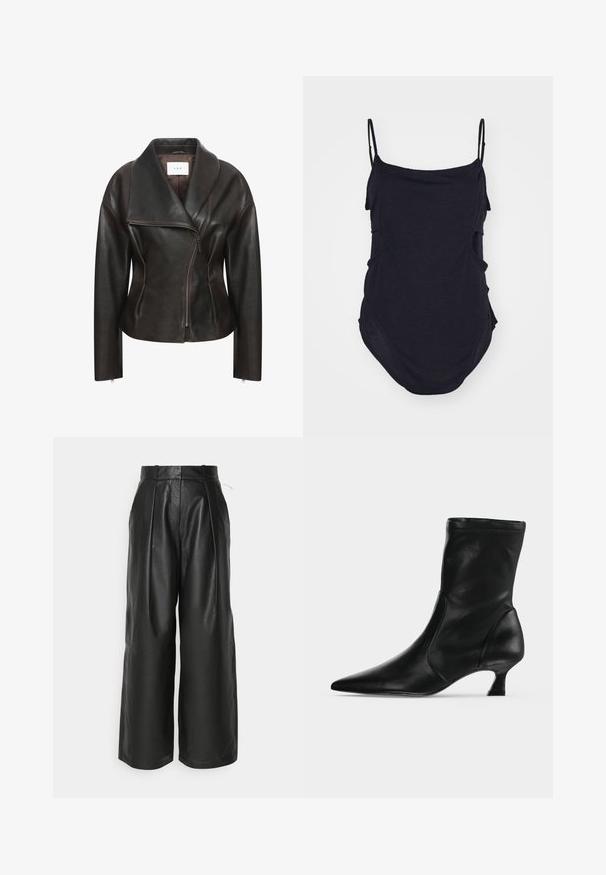 Chaqueta de cuero marrón con un amplio cuello, cremallera diagonal en la parte delantera y silueta entallada. Presenta una textura suave y mínimos detalles de costura.; Top negro sin mangas con tirantes finos, hecho de un tejido suave. Presenta lados drapeados y un dobladillo redondeado para un ajuste relajado.; Pantalones de cuero negro de pierna ancha con cintura alta, que cuentan con pliegues y una textura suave, diseñados para un ajuste relajado.; Bota negra de cuero hasta media pantorrilla con puntera puntiaguda y tacón bajo tipo kitten, vista de lado sobre un fondo claro y liso.