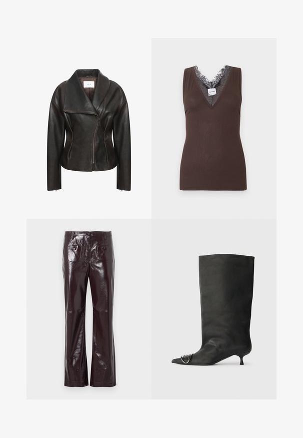 Veste en cuir marron avec un large col, fermeture éclair diagonale sur le devant et silhouette ajustée. Présente une texture lisse et des détails de couture minimalistes.; Haut marron sans manches en tissu côtelé avec un décolleté en V profond orné de dentelle noire et une petite étiquette de marque visible au niveau de l'encolure.; Pantalon taille haute en simili cuir bordeaux à finition brillante, avec deux poches avant et une coupe droite.; Bottines en cuir noir à bout pointu, petite talon et détail métallique sur le bout. Texture lisse et mate partout.