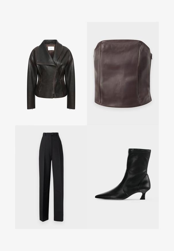 Veste en cuir marron avec un large col, fermeture éclair diagonale sur le devant et silhouette ajustée. Présente une texture lisse et des détails de couture minimalistes.; Haut corset sans bretelles en cuir marron, présentant une texture lisse, une forme structurée et un design épuré et minimaliste sans matériel visible.; Pantalons taille haute noirs avec des plis, dotés d'un design ajusté et de jambes droites. Fabriqués dans un tissu lisse, avec un minimum de détails.; Botte mi-mollet en cuir noir avec bout pointu et petit talon kitten, vue de profil sur un fond clair uni.