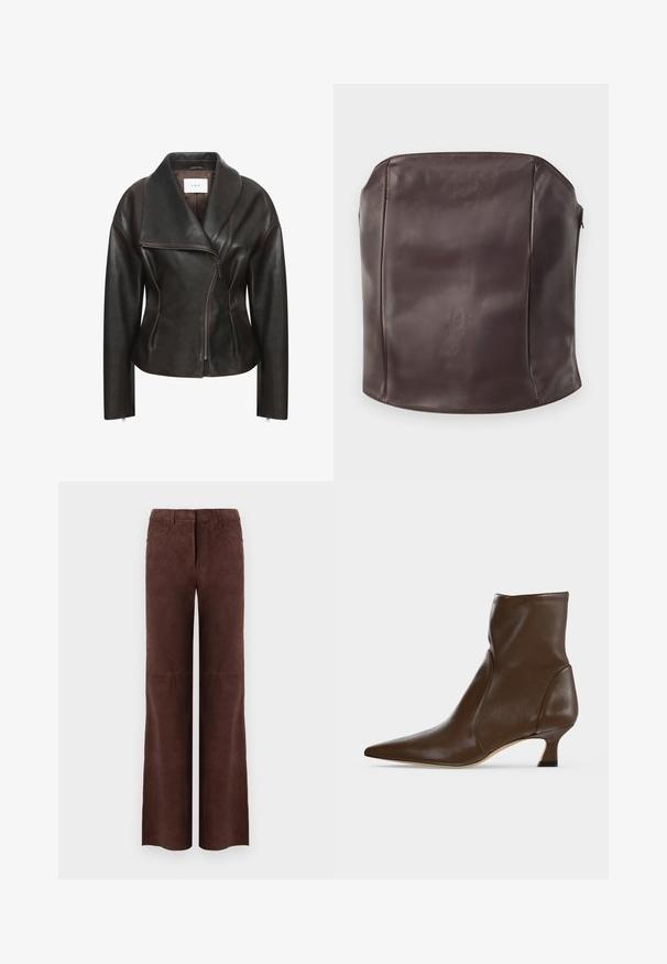 Veste en cuir marron avec un large col, fermeture éclair diagonale sur le devant et silhouette ajustée. Présente une texture lisse et des détails de couture minimalistes.; Haut corset sans bretelles en cuir marron, présentant une texture lisse, une forme structurée et un design épuré et minimaliste sans matériel visible.; Pantalons droits en suède marron foncé, avec poches avant et passants de ceinture, présentés sur un fond clair.; Bottine en cuir marron à bout pointu et talon bas incurvé sur fond clair.