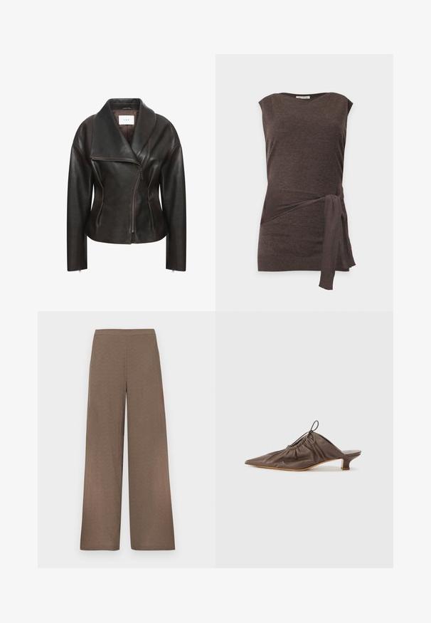 Veste en cuir marron avec un large col, fermeture éclair diagonale sur le devant et silhouette ajustée. Présente une texture lisse et des détails de couture minimalistes.; Haut sans manches en maille marron foncé avec un col rond et un détail noué sur le côté à la taille, sur un fond uni.; Pantalon marron à jambes larges avec ceinture plate, sans poches ni fermetures visibles, présenté sur un fond blanc.; Mule en cuir marron avec un bout pointu, texture froncée, petit talon et un accent de cordon de serrage à l'ouverture. Fini lisse.