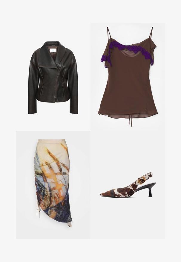 Chaqueta de cuero marrón con un amplio cuello, cremallera diagonal en la parte delantera y silueta entallada. Presenta una textura suave y mínimos detalles de costura.; Top sin mangas de color marrón con tejido translúcido, con acentos de encaje morado a lo largo del escote y detalles con volantes en los hombros.; Materiel DIAGONAL GATHERED SKIRT - Falda de tubo - golden hour; Zapato de tacón kitten con tira trasera, estampado de vaca en marrón y blanco, punta puntiaguda, correa negra en el frente y detalle de hebilla dorada en la correa del tobillo.