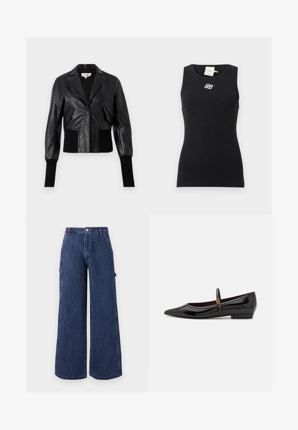 Sort læder cropped jakke med skræddersyet krave, ribbede manchetter og to forlommer. Glat tekstur med en blank overflade.; Sort ribbet tanktop med en rund halsudskæring og et lille hvidt logo centreret på brystet. Tætsiddende design med en glat stofstruktur.; Mørkeblå denimbukser med vide ben, foran med knap, lynlås, sidelommer og bæltestropper, vist på en hvid baggrund.; Sorte patenterede lædersko med spids tå og en lille blokhæl, udstyret med en slank ankelrem og detalje i guldfarve.