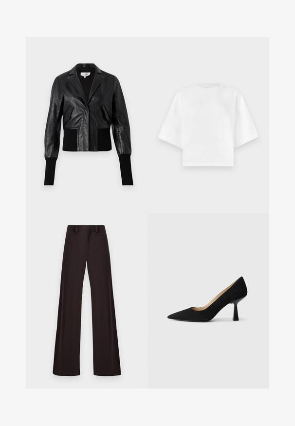 Sort læder cropped jakke med skræddersyet krave, ribbede manchetter og to forlommer. Glat tekstur med en blank overflade.; Hvid cropped t-shirt lavet af bomuld, med korte ærmer, rund halsudskæring og minimale syningsdetaljer. Glat tekstur.; Breddebenede bukser lavet af mørkt stof, med en glat tekstur, bæltestropper og en midtersøm foran, samt et enkelt, udekoreret design.; Sorte ruskinds højhælede pumps med spids tå, der har en blank sort blokhæl og en glat indvendig foring.