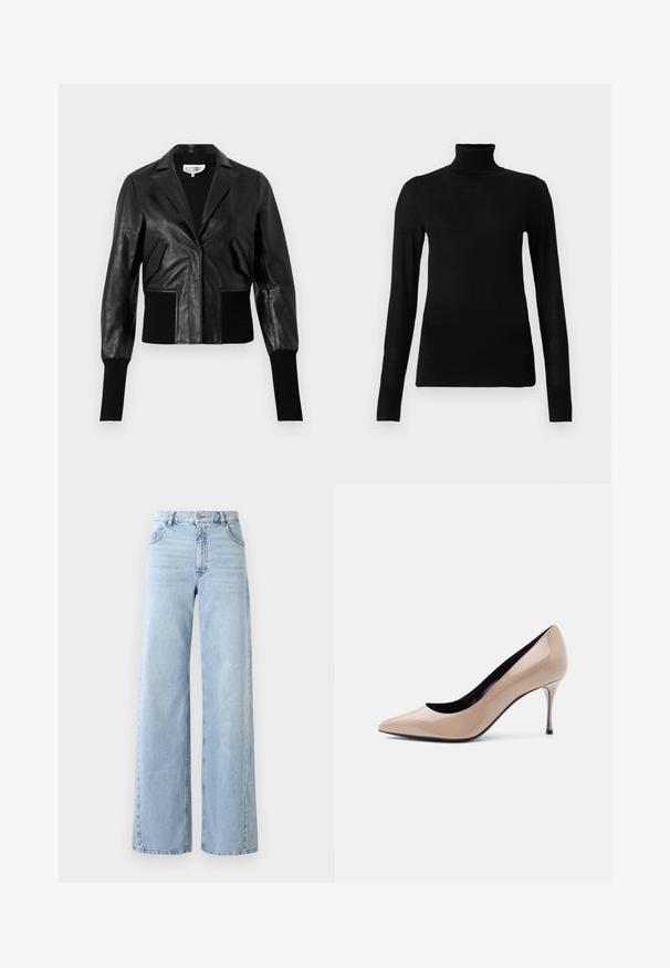 Sort læder cropped jakke med skræddersyet krave, ribbede manchetter og to forlommer. Glat tekstur med en blank overflade.; Sort turtleneck sweater lavet af blødt, letvægtsmateriale. Har lange ærmer og en tætsiddende stil med høj krave.; Bredde lyseblå denimjeans med høj talje, fem lommer og en falmet tekstur. Har syede detaljer og en lige pasform ved kanten.; Beige laklæder peep-toe højhælet sko med smal stilet-hæl og sort inderfor på hvid baggrund.
