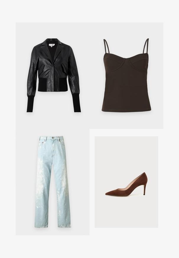 Sort læder cropped jakke med skræddersyet krave, ribbede manchetter og to forlommer. Glat tekstur med en blank overflade.; CLOSED Top - marsh green; Lyseblå højtaljede jeans med lige ben, design med hvide malingsstænk, forlommer, bæltestropper og knaplukning.; Brun ruskind med spids tå og høj hæl med en slank stiletthæl, vist i profil mod en hvid baggrund.