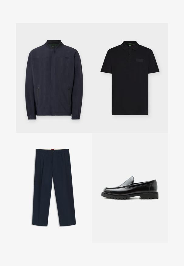 Veste zippée bleu marine avec col montant, poignets élastiques, deux poches latérales zippées, motif vertical subtil et petit logo sur la poitrine.; Polo noir à manches courtes avec deux boutons, un col et un discret patch logo rectangulaire sur la poitrine gauche.; Pantalon large bleu marine foncé avec passants pour ceinture, fermeture à bouton et zip à l'avant, et poches latérales, présenté sur fond blanc.; Mocassin en cuir noir avec semelle en caoutchouc épaisse, dessus cousu et nom de marque embossé sur le talon, présenté de profil sur fond blanc.