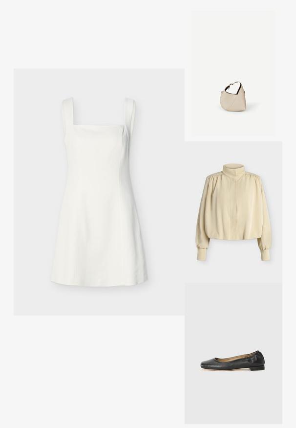 Blouse beige à manches longues avec col montant, épaules bouffantes, poignets boutonnés et coupe ample légèrement raccourcie sur fond uni.; Robe blanche sans manches ajustée avec encolure carrée et jupe trapèze sur fond uni.; Ballerines en cuir noir avec un bout arrondi et des coutures minimales. Talon bas et rectangulaire avec une texture lisse. Détails subtils de doublure intérieure.; Sac à main en cuir beige en forme de croissant avec une seule bandoulière et des coutures minimalistes, posé sur un fond blanc uni.