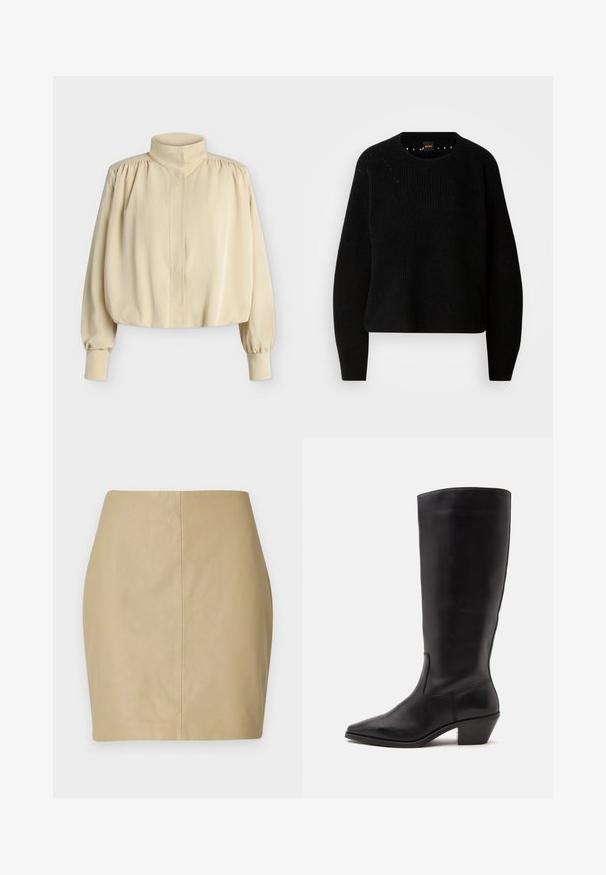 Blouse beige à manches longues avec col montant, épaules bouffantes, poignets boutonnés et coupe ample légèrement raccourcie sur fond uni.; Pull en maille noir avec un col rond et une texture côtelée. Présente des détails subtils autour de l'encolure et des manches longues et droites.; Mini-jupe en cuir beige avec un design ajusté, une texture lisse et une couture centrale qui descend verticalement dans le dos.; Botte en cuir noire mi-mollet avec un bout pointu et un talon bas incliné sur un fond clair uni.