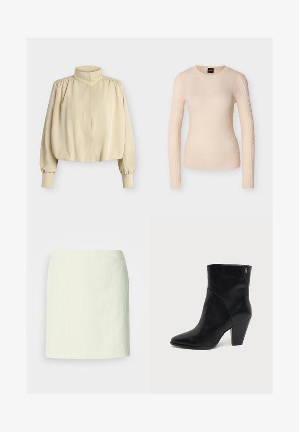 Blouse beige à manches longues avec col montant, épaules bouffantes, poignets boutonnés et coupe ample légèrement raccourcie sur fond uni.; Pull beige en maille côtelée à manches longues avec col rond et silhouette ajustée, étiqueté avec une étiquette noire et orange "BOSS" au niveau du col.; Jupe crayon ivoire longueur genou avec de subtiles fines rayures verticales et une taille cintrée.; Bottine en cuir noir à bout pointu, talon carré et petit logo doré près du bord supérieur sur le côté extérieur.