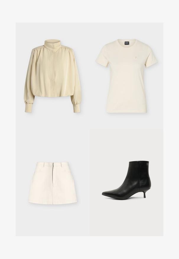Blouse beige à manches longues avec col montant, épaules bouffantes, poignets boutonnés et coupe ample légèrement raccourcie sur fond uni.; T-shirt à manches courtes couleur crème, col rond, avec petit logo brodé sur le côté gauche de la poitrine et étiquette noire "BOSS" à l'intérieur du col.; Mini-jupe crème en ligne A avec passants de ceinture, poches avant et fermeture éclair avant cachée.; Bottine en cuir noir avec bout pointu et petit talon kitten sur fond clair, vue côté extérieur.